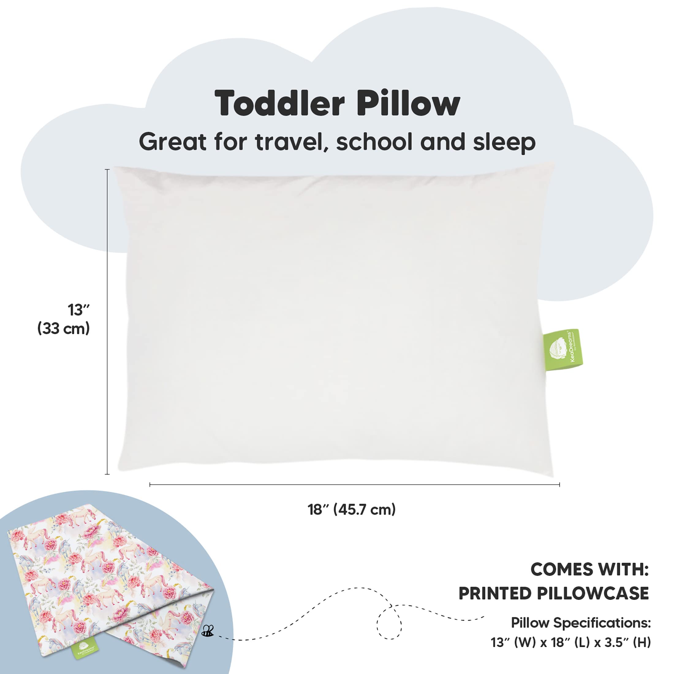 Toddler Pillow with Pillowcase - 13x18 My Little Dreamy Pillow, Organic Cotton Toddler Pillows for Sleeping, Kids Pillow, Travel Pillows, Mini Pillow, Nursery Pillow, Toddler Bed Pillow(Fantasy)