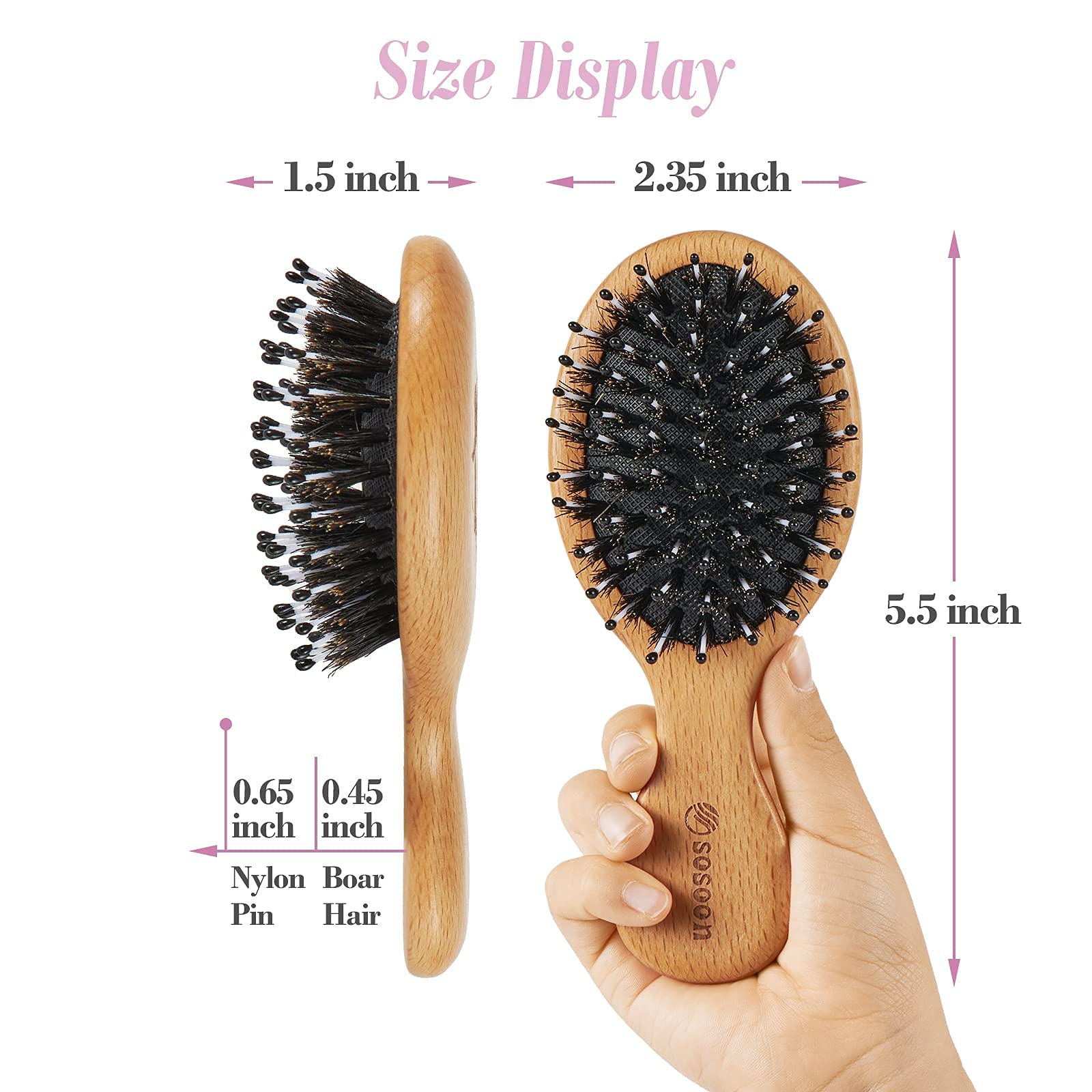 Hair Brush, Pocket Mini Travel Boar Bristle Hairbrush for Thick Thin Curly Straight Long Short Wet Dry Hair for Men Women Kids for Smoothing Detangling Massaging Adding Shine