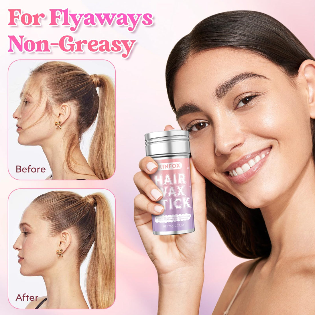 Xinfox Hair Wax Stick, Slick Back Hair Brush, Wax Stick for Flyaways, Rat Tail Comb Edge Brush Styling Tool Set Accessories for Women Girls(Pink)