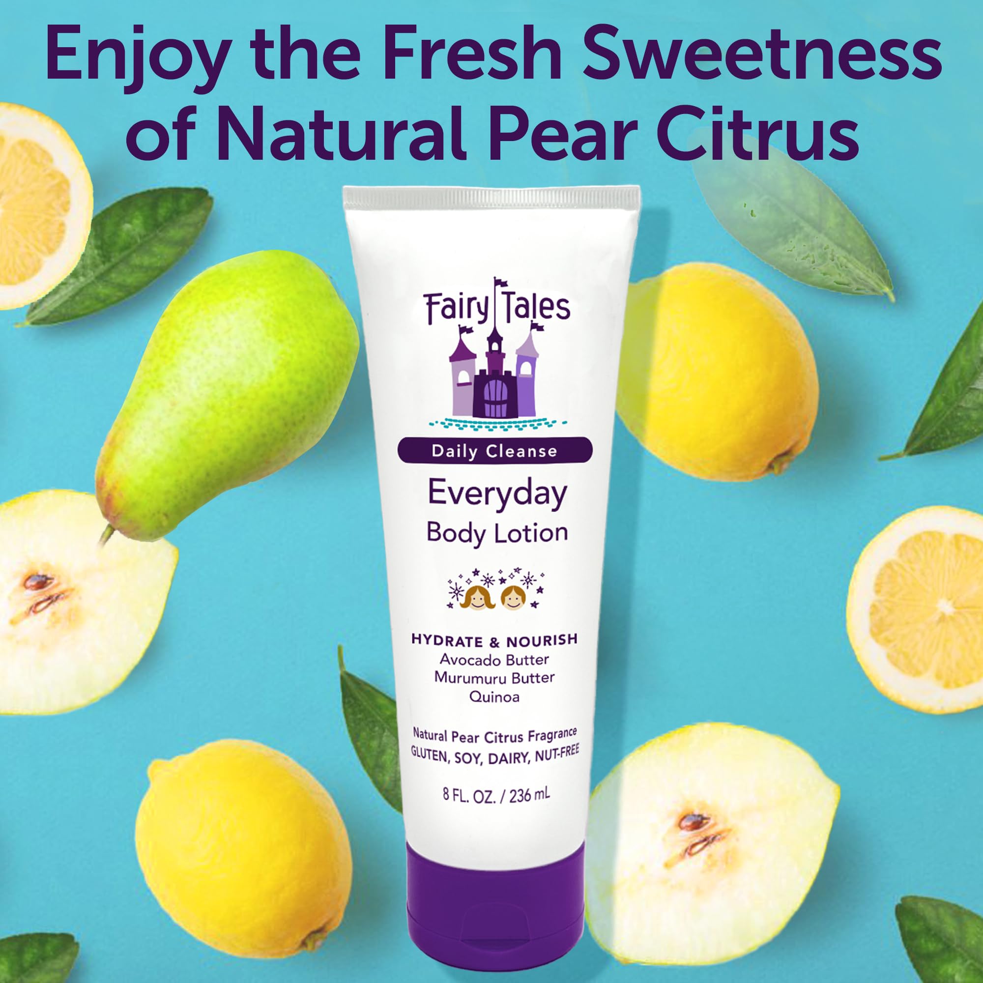 Fairy Tales Daily Cleanse Everyday Hydrating Kids Lotion with Aloe, Nourishing Body Lotion for Girls & Boys, Hydrate Dry and Sensitive Skin with Avocado and Murumuru Butter - 8 oz.