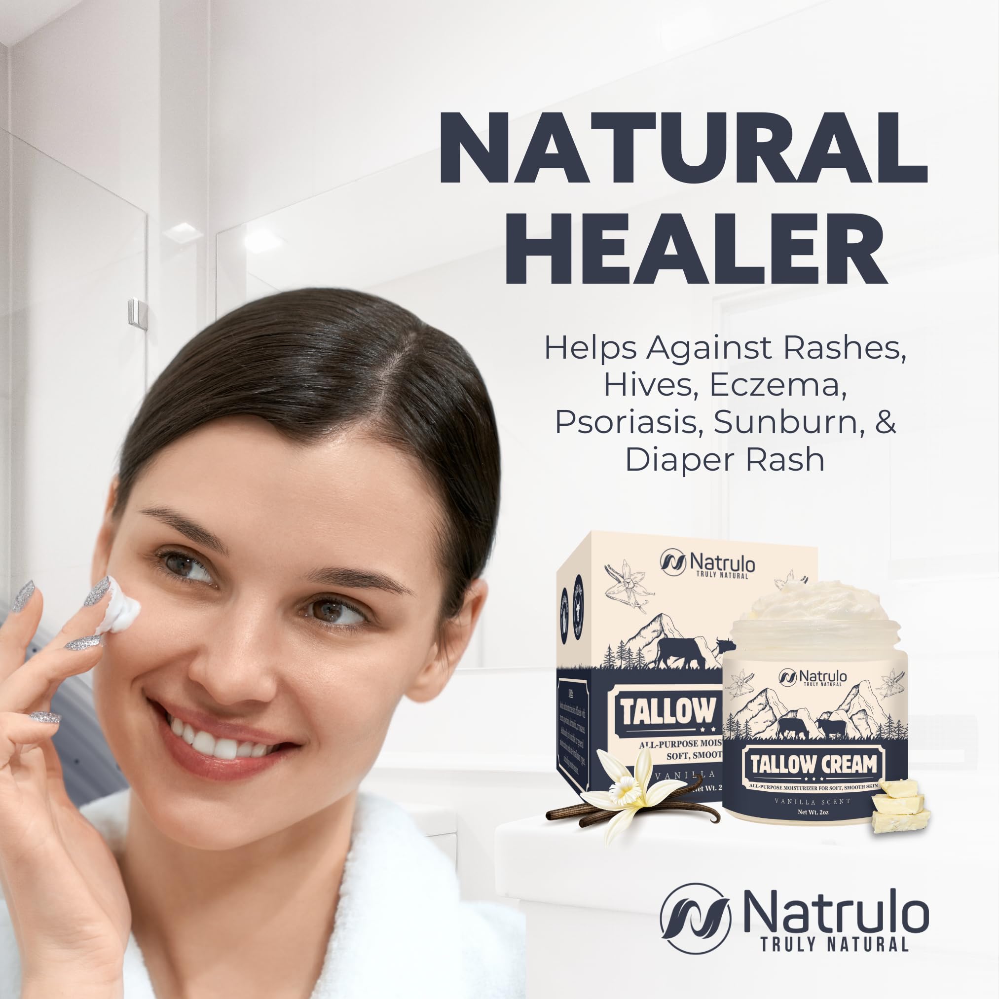 Beef Tallow Cream – All Natural Grass Fed Beef Tallow and Honey All Purpose Balm – Moisturizing Face and Body Lotion for Eczema, Cracked, Dry, Itchy, Irritated Skin – Skin Repair Skincare Made in USA