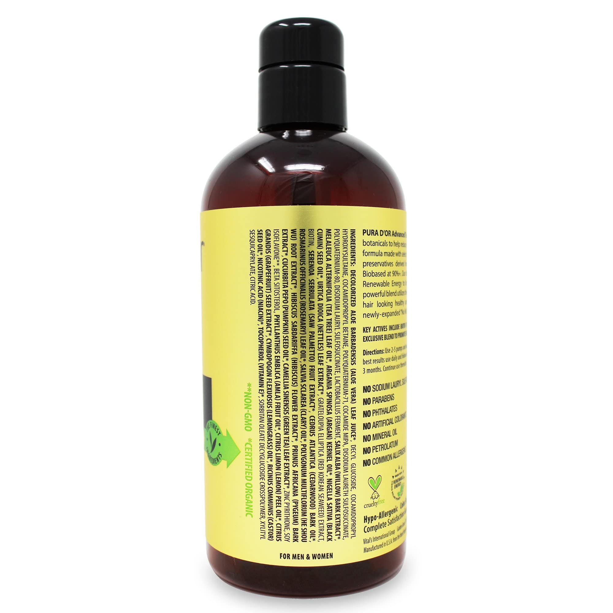 PURA D'OR 16 Oz Advanced Therapy Shampoo Reduces Hair Thinning & Increases Volume, No Sulfate, Biotin Shampoo Infused with Argan Oil, Aloe Vera for All Hair Types, Men & Women