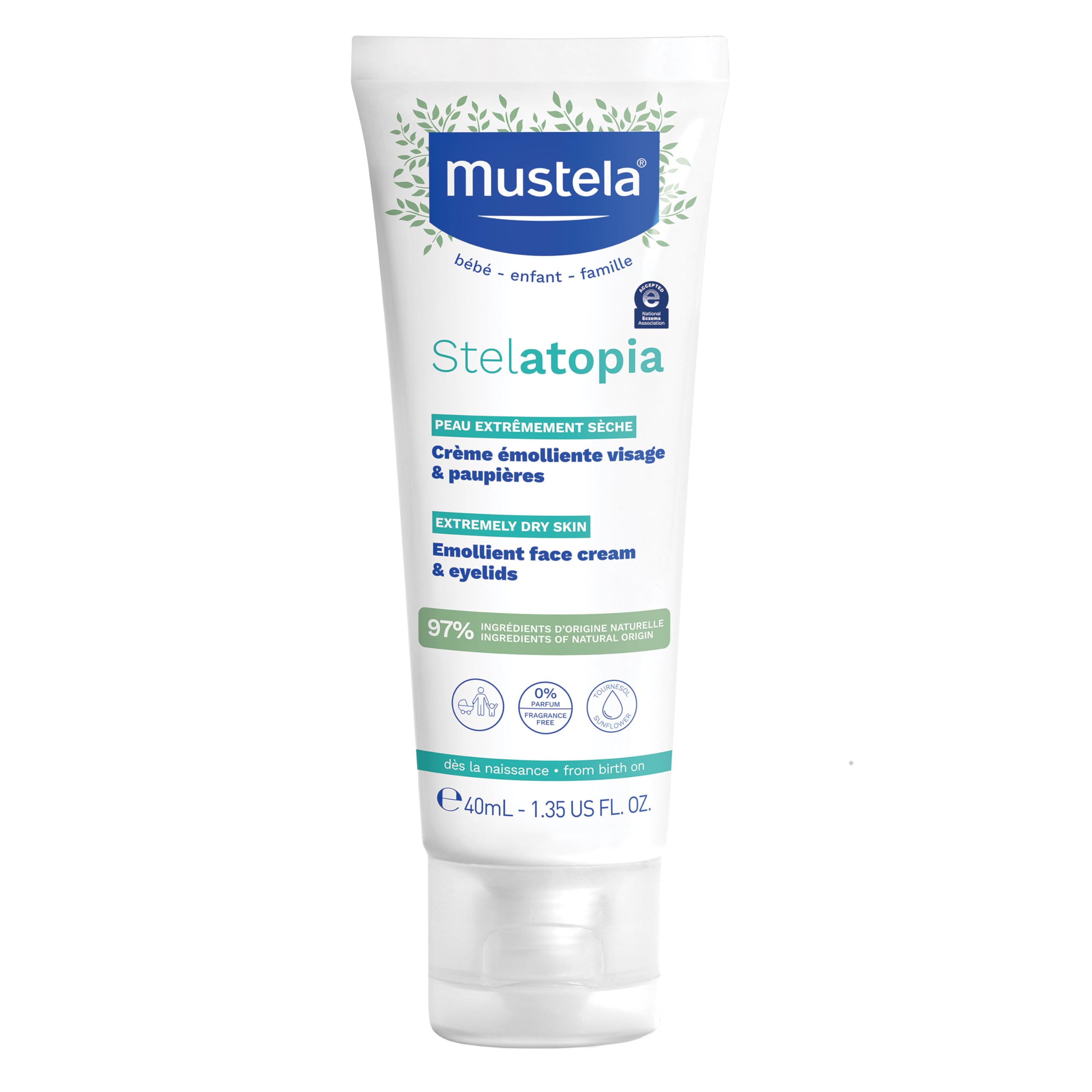 Mustela Stelatopia Emollient Face Cream, for Eczema-Prone Baby Skin, Fragrance-Free, with Natural Avocado Perseose and Ceramides, 1.35 Ounce