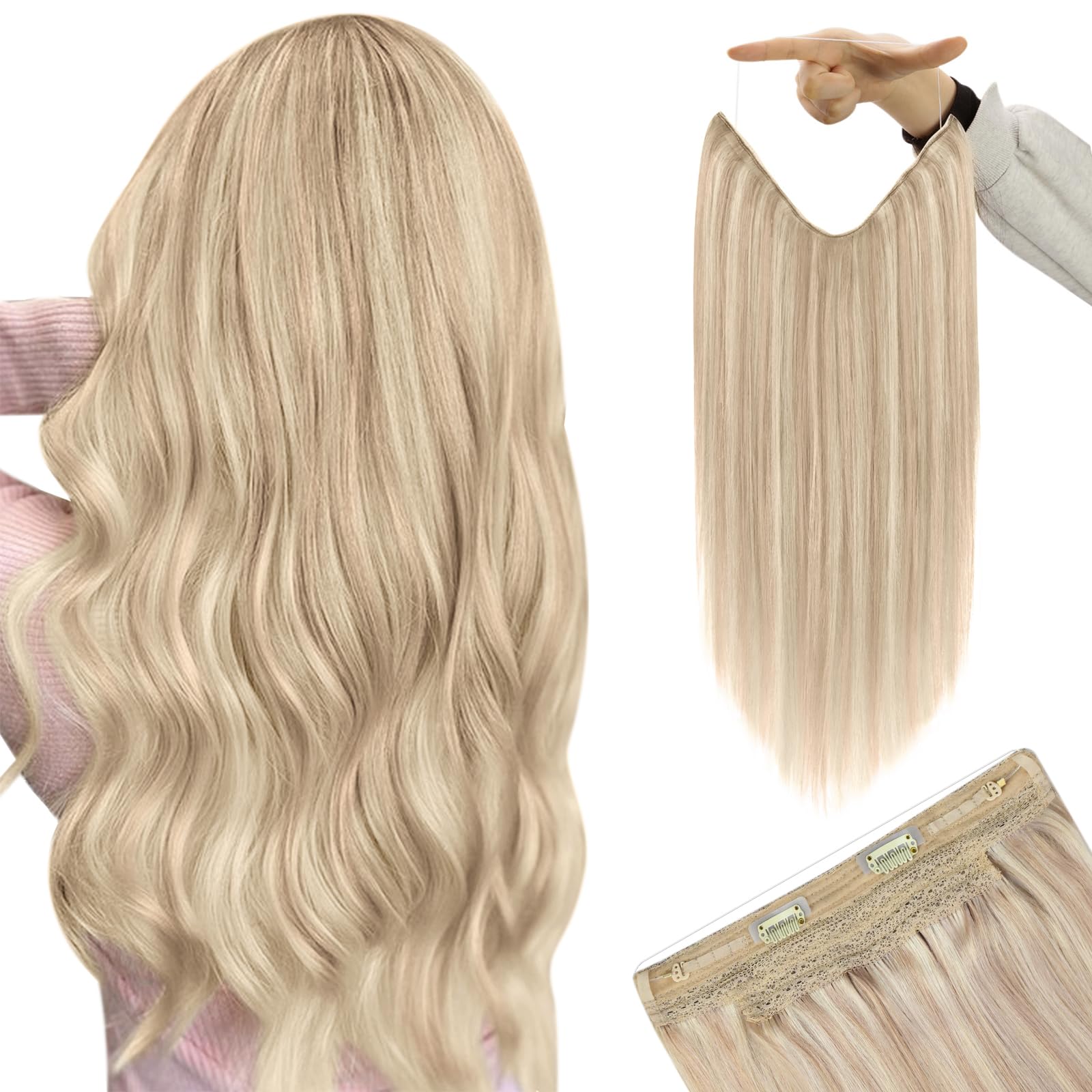 Youngsee 16 inch Invisible Wire Secret Halo Hair Extensions Human Hair Ash Blonde light with Bleach Blonde No Glue Hair Flip on Hair Extensions 11inch Width 80g/pack