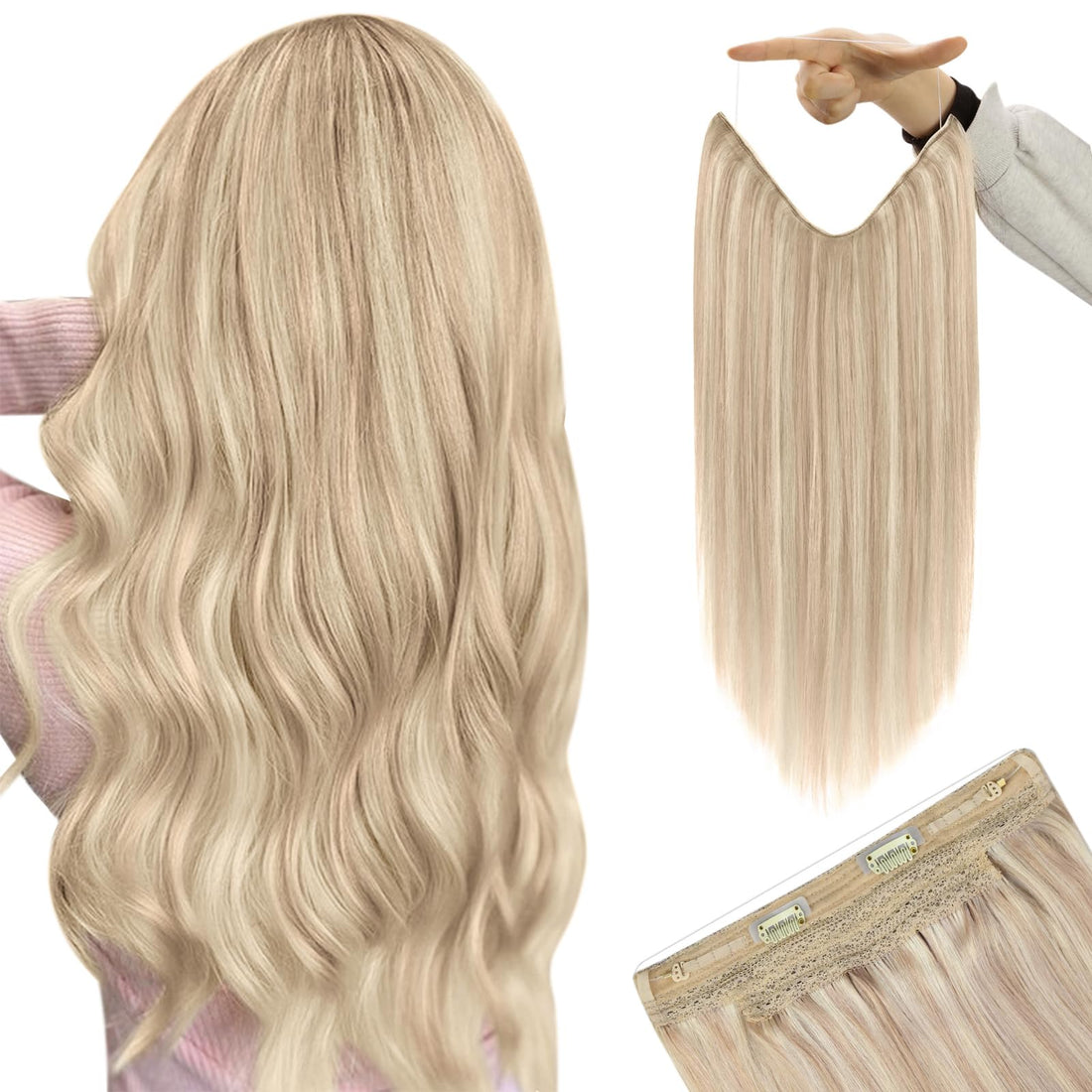 Youngsee 16 inch Invisible Wire Secret Halo Hair Extensions Human Hair Ash Blonde light with Bleach Blonde No Glue Hair Flip on Hair Extensions 11inch Width 80g/pack