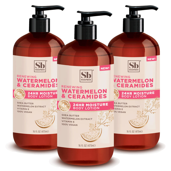 Soapbox Body Lotion, Watermelon & Ceramides Body Lotion for Dry Skin, Plump and Hydrate with Ceramides, Moisturizer for Women, Men, Vegan & Cruelty Free Skin Care, 3 Pack, 16 oz each