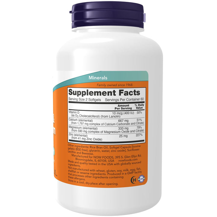 NOW Foods Supplements, Calcium & Magnesium with Vitamin D-3 and Zinc, Supports Bone Health*, 120 Softgels