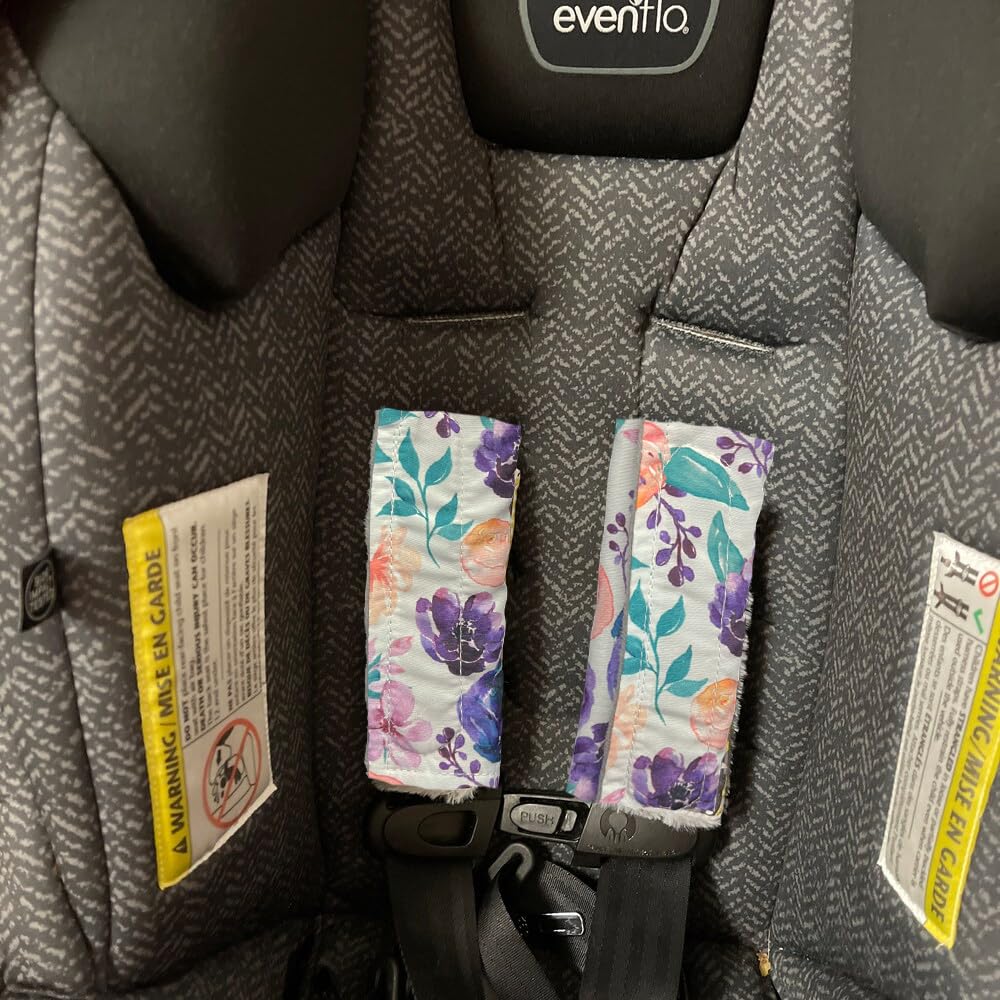 Baby Car Seat Neck Cover, Car Seat Strap Cover, Seat Belt Cushions Pads, Shoulder Strap Protectors, Reversible Pram Harness Covers in Minky Floral, Baby Neck Pad Protector