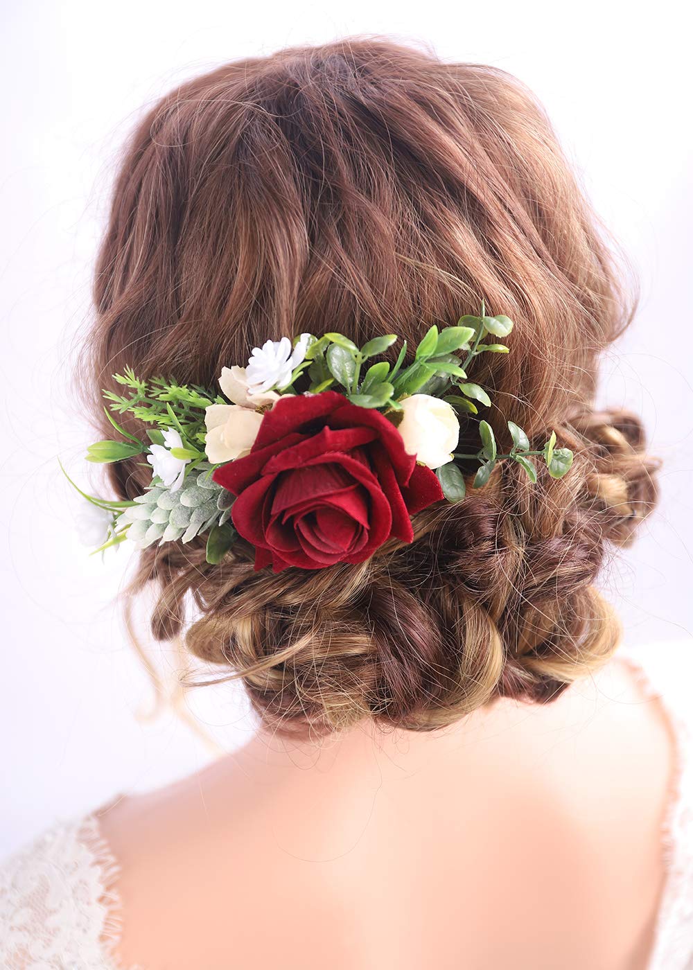 Kercisbeauty Red Floral Hair Clip Burgundy Wedding Hair Comb Headband for Brides Garden Wedding Bridal Bridesmaide Headpiece Flower Girl Hair Dress