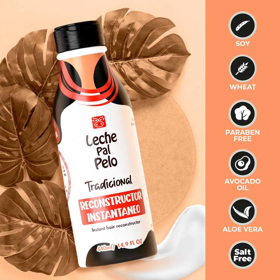 Leche Pal Pelo - Instant Hair Reconstructor Treatment with Natural Soy, Wheat, Aloe and Avocado. Provides Intensive Hydration -14.9 Ounces. Tratamiento Reconstructor Con Soya, Trigo, Aguacate y Aloe