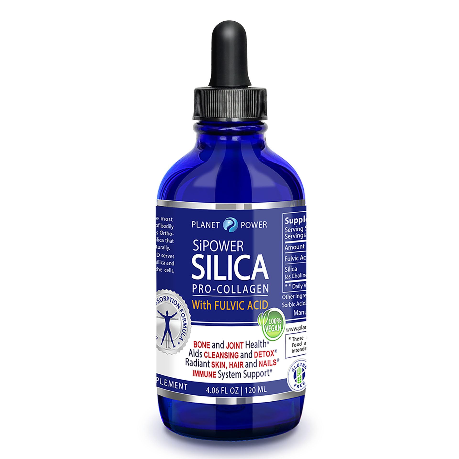 Planet Power SiPower Silica Vegan Collagen + Fulvic Acid 4oz Glass Bottle, Immune System, Maximum Absorption – Concentrated Formula, Bones, Joints, Skin, Hair, Nails and Digestive System. 40 Days