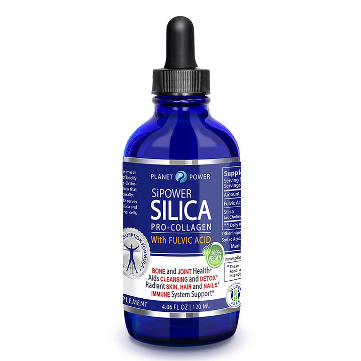 Planet Power SiPower Silica Vegan Collagen + Fulvic Acid 4oz Glass Bottle, Immune System, Maximum Absorption – Concentrated Formula, Bones, Joints, Skin, Hair, Nails and Digestive System. 40 Days