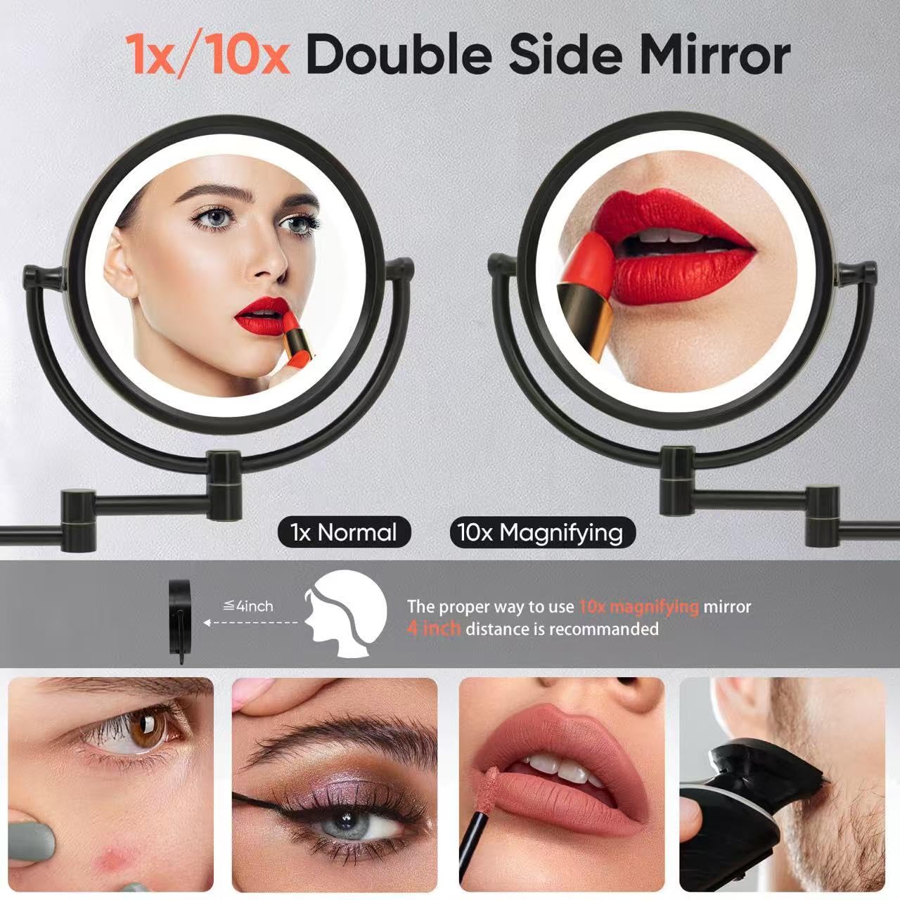 GURUN 8.5 Inch Magnifying Makeup Mirror with 3 Tones LED Lights Double Sided Vanity Mirror for Bathroom with 10X Magnification M1809DO (Oil-Rubbed Bronze/10X)