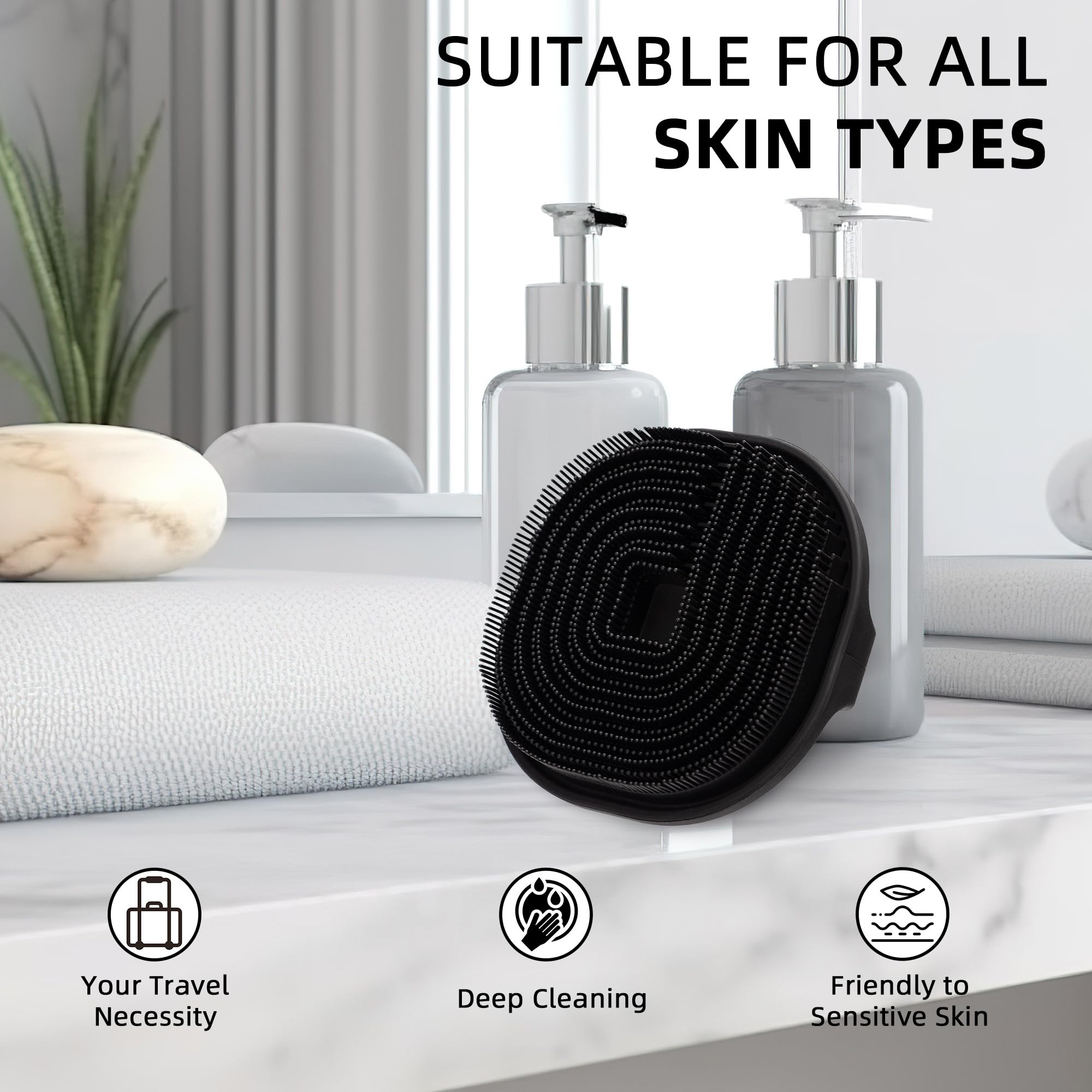 Silicone Body Scrubber, Exfoliating Body Wash Scrubbers Exfoliator, Shower Body Brush for Effective Showering Exfoliation and Gentle Massage, Lather Well and Anti-Slip Handle Loofah (Black)