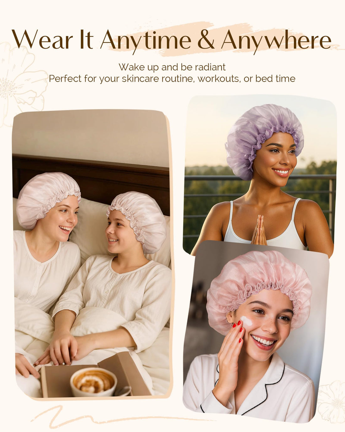 Yanibest Breathable Butter-satin Lined Bonnet, Silk Hair Bonnet for Sleeping Women, Night Cap for Curly Fine Straight Hair, Beige