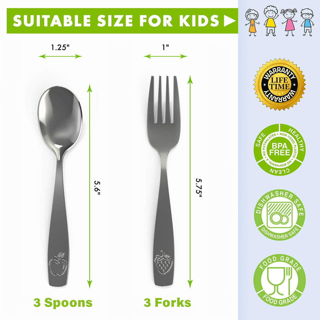 CHILLOUT LIFE Stainless Steel Kids Silverware Set 6 Pieces - Child and Toddler Safe Flatware - Kids Utensil Set - Metal Kids Cutlery Set (Includes 3 Small Kids Spoons & Kids 3 Forks)