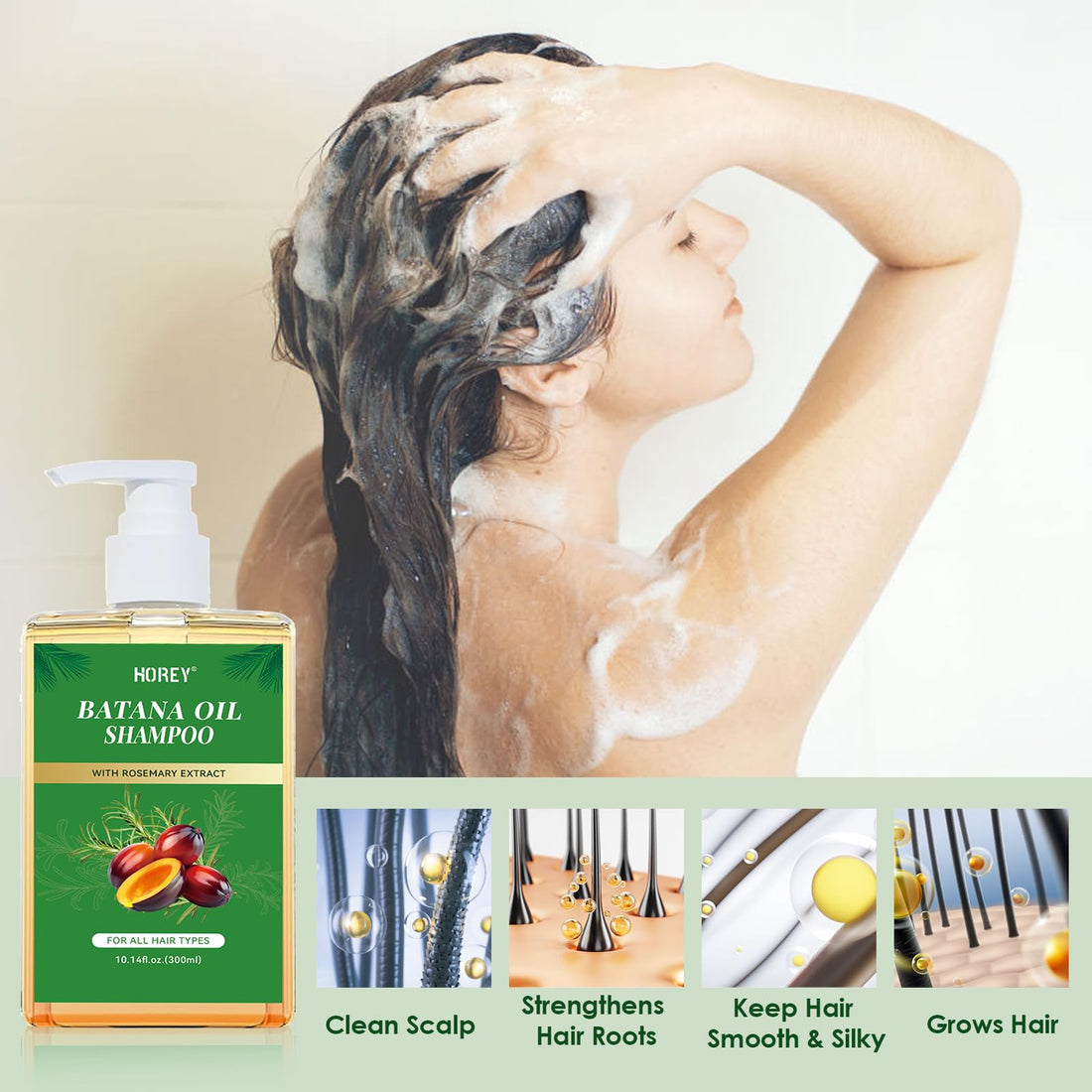 HOREY Batana Oil Shampoo with Rosemary Extract, Batana Shampoo for Hair Growth, Batana Oil & Rosemary Formula for Men Women Hair Nourishing & Regenerating, 10.14 Fl.Oz * 2 Pcs