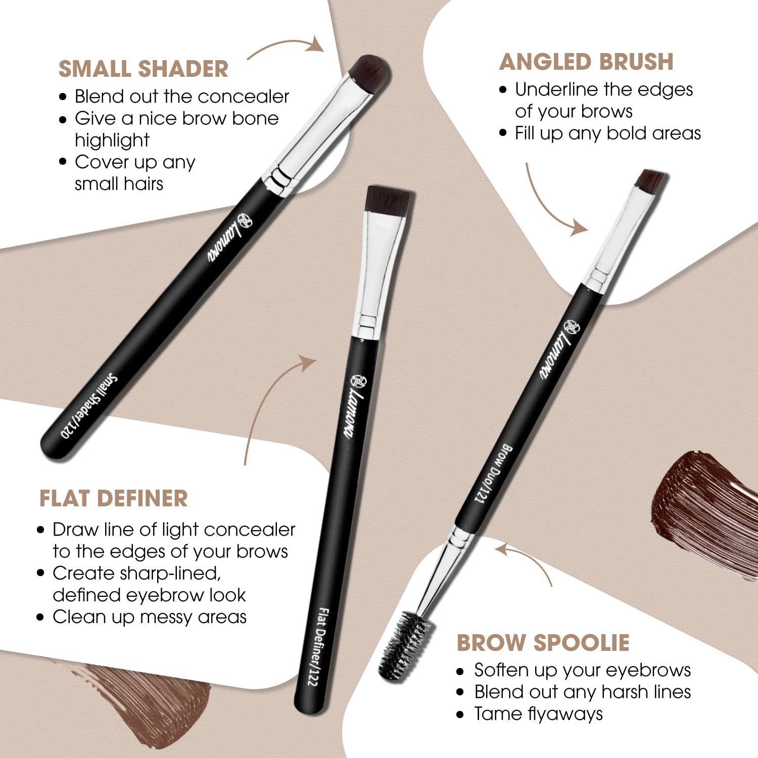 Eyebrow Brush - Duo Eye Brow Spoolie - Angled Eyeshadow Eyeliner - Precision Flat Definer - Small Shader - Premium Quality 3 Piece Set - Cruelty Free Synthetic Bristles - Apply Gel Powder Wax Pomade