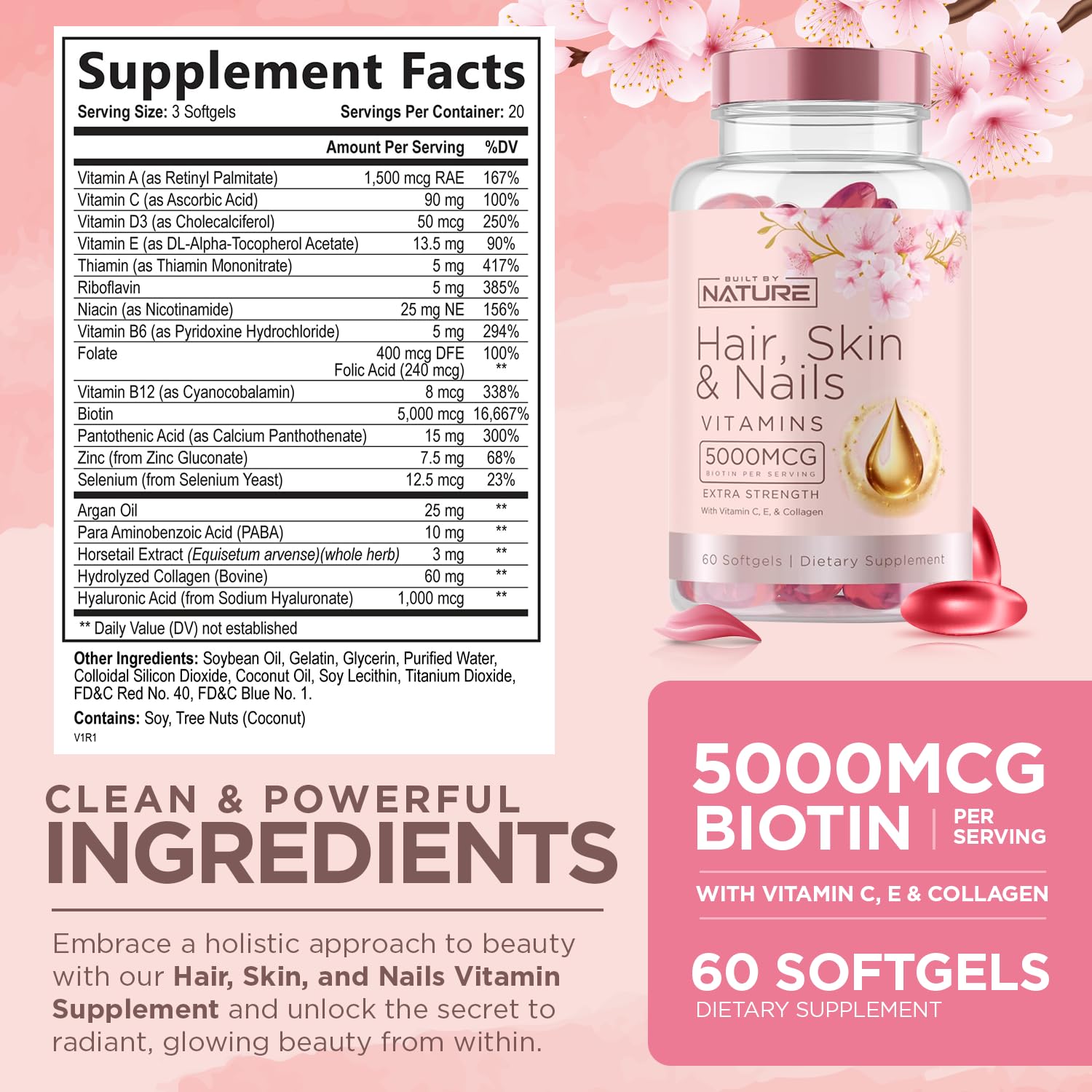 Hair Skin and Nails Vitamins – 5000mcg Biotin with Vitamin C, E, Collagen, Hyaluronic Acid, Argan & Coconut Oil – Luscious Hair Growth & Radiant Skin Supplement for Women – 60 Softgels