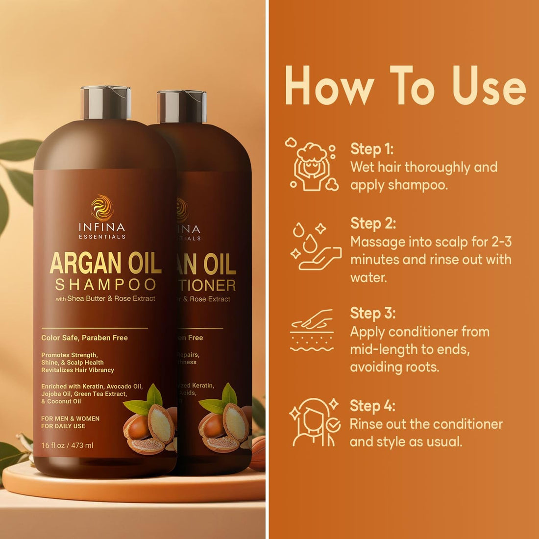 Argan Oil Shampoo and Conditioner Set for Men and Women - Hydrating and Nourishing Sulfate Free Shampoo Conditioner Set for All Hair Types - Hydrating and Nourishing Daily Hair Care - 16 fl oz Each