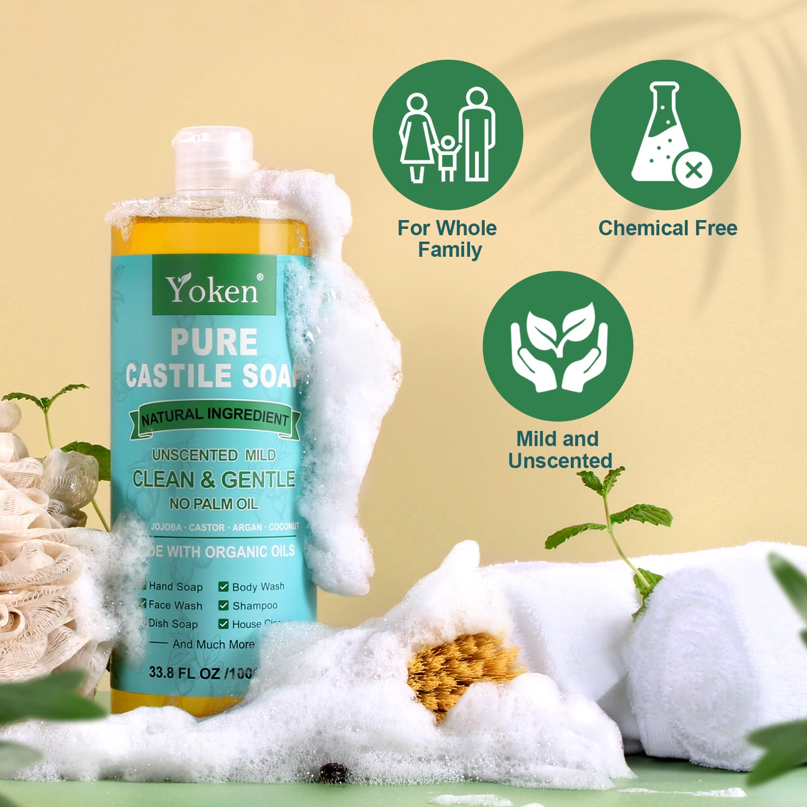 Yoken Pure Castile Soap Liquid Unscented 67 fl oz Castile Liquid Soap Made With Organic Oil, Clean & Gentle, No Palm Oil,Vegan, Natural Castile Soap for Face Body Wash, Hand Soap, Dishes Multi-purpose