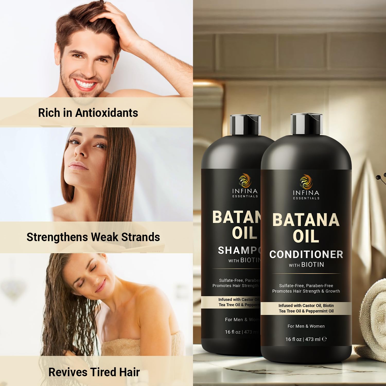 INFINA ESSENTIALS Batana Oil Shampoo and Conditioner Set - Biotin & Tea Tree Oil for Hair Growth & Thickness - Moisturizing & Nourishing Shampoo for Thinning Hair for Men & Women - 16 fl oz Each