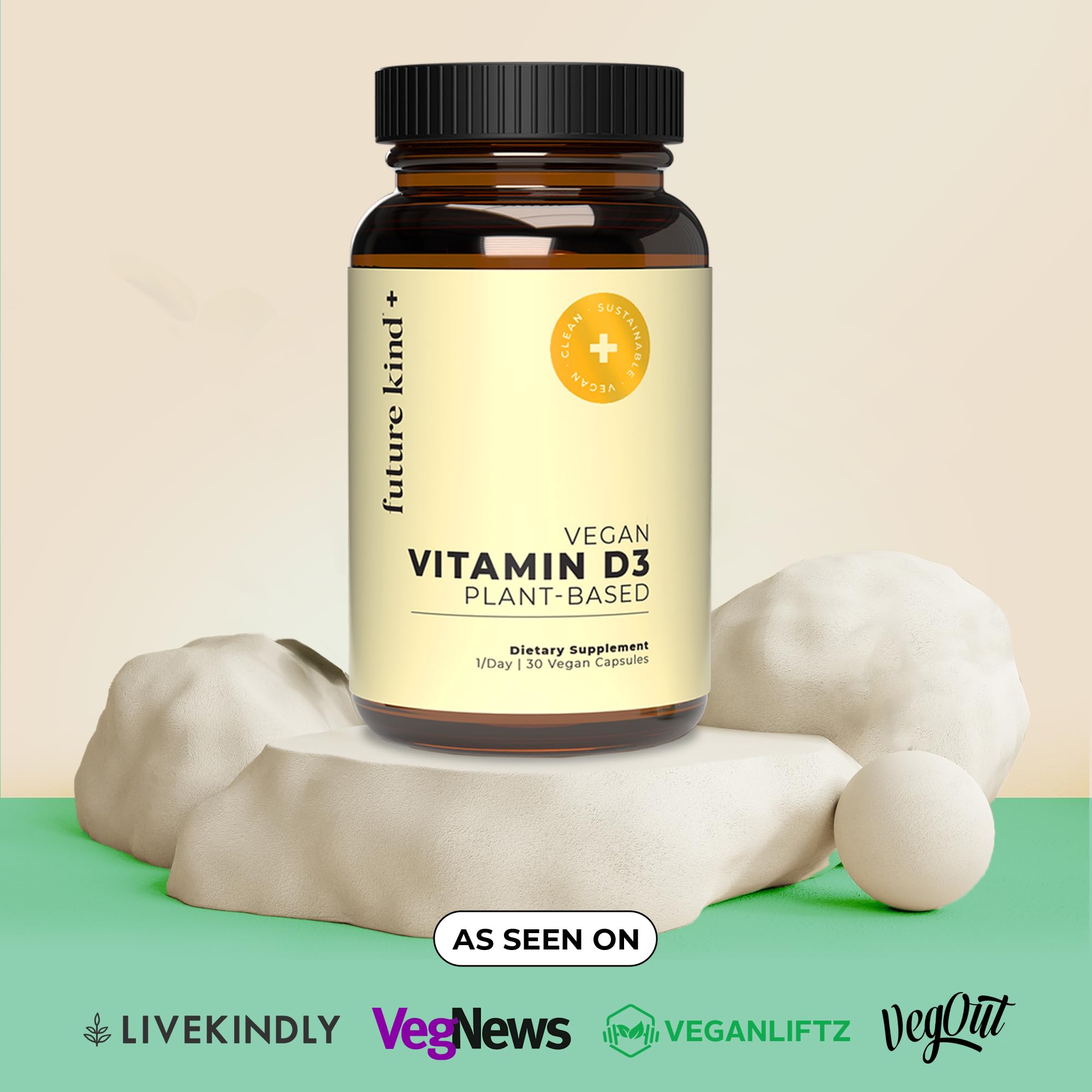 Future Kind Vegan Vitamin D3-2500 IU Plant-Based Supplement for Cell & Immune Support - Sugar-Free, Lichen-Based Vitamin D (30 Softgels in Glass Bottle)