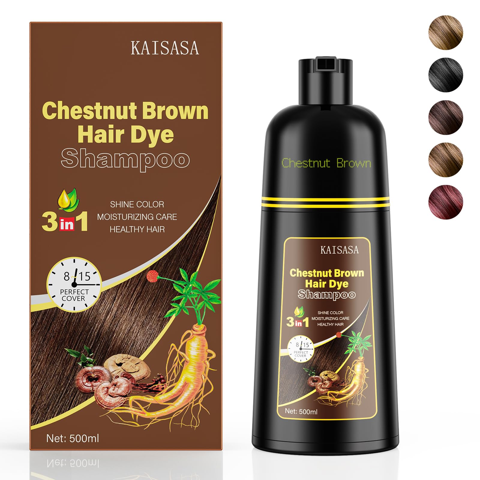 KAISASA 3 in 1 Hair Dye Shampoo, Natural Gray Hair Coverage, Herbal Ingredient, 500ml (Chestnut Brown) for Women and Men