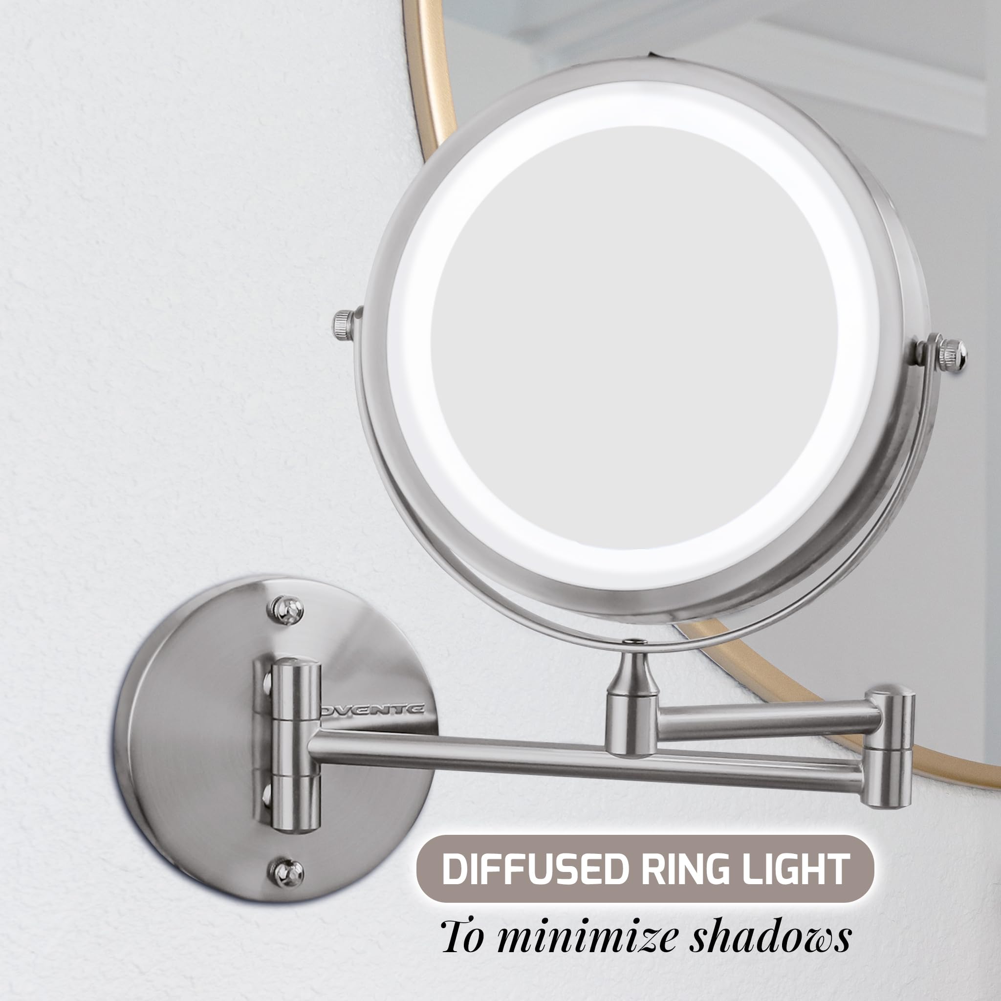 OVENTE 7 Lighted Wall Mount Makeup Mirror with 1X/10X Magnification, Cordless Double Sided Magnifying Round Vanity Mirror, 360° Swivel Design, Extendable and Folding Arm, Nickel Brushed MFW70BR1X10X