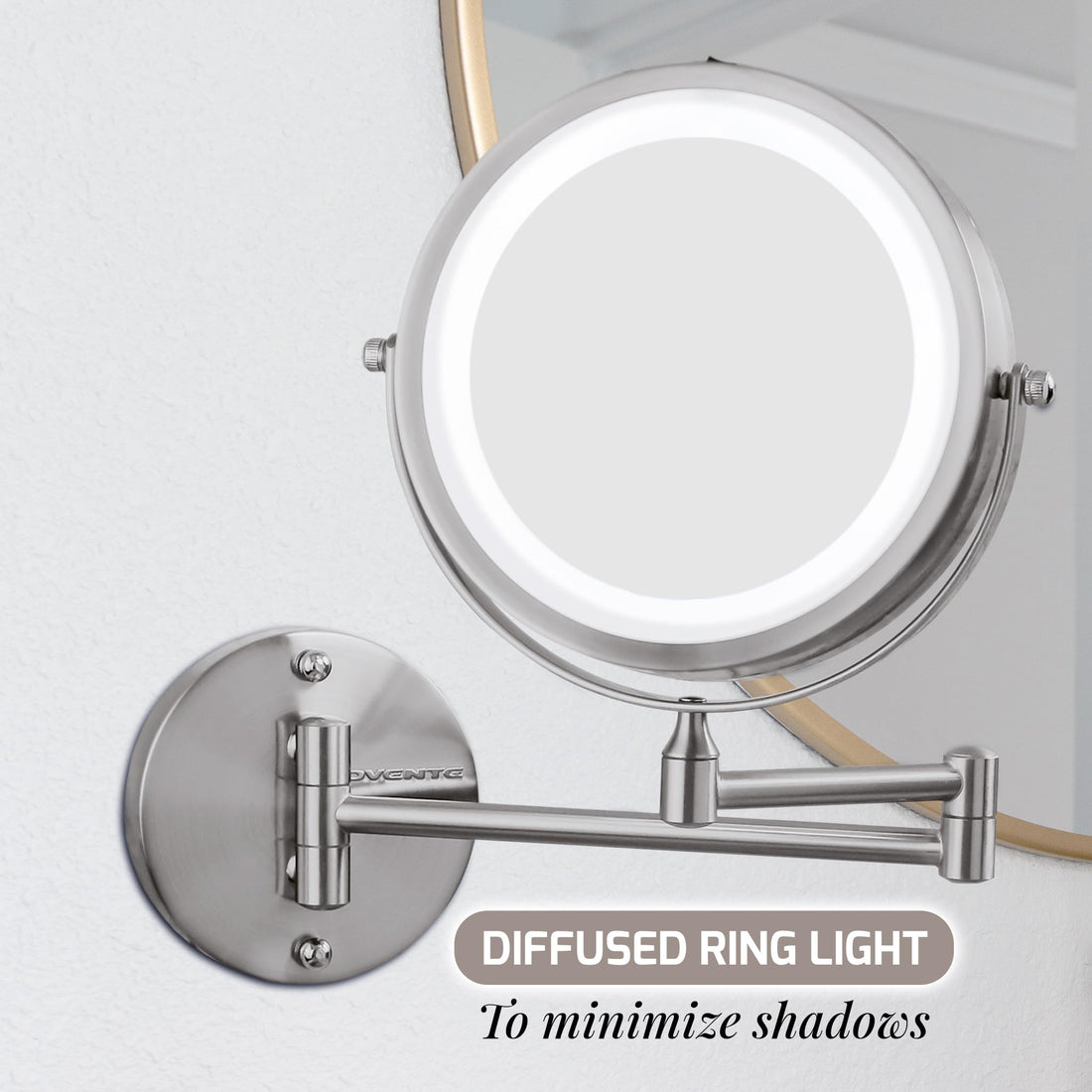 OVENTE 7 Lighted Wall Mount Makeup Mirror with 1X/10X Magnification, Cordless Double Sided Magnifying Round Vanity Mirror, 360° Swivel Design, Extendable and Folding Arm, Nickel Brushed MFW70BR1X10X