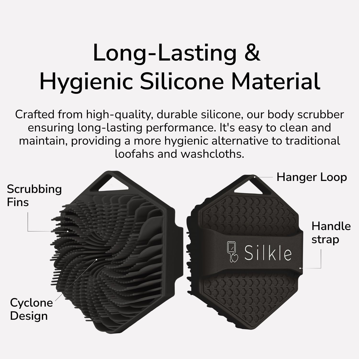 SILKLE Silicone Body Scrubber - Exfoliating Bath Brush and Skin Cleanser - Shower Sponge for Gentle Body Scrub and Wash - Silicone Scrubbing Care Tool for a Refreshed and Renewed You - Black