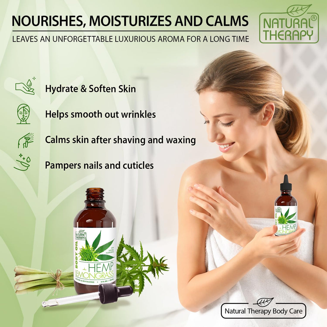 Natural Therapy Body Oil with Hemp & Lemongrass - Dry Skin Moisturizer and Hydrating Massage Oil - Increase Skin Elasticity and Provide Anti-Aging Support for Face and Body (4 fl.oz)