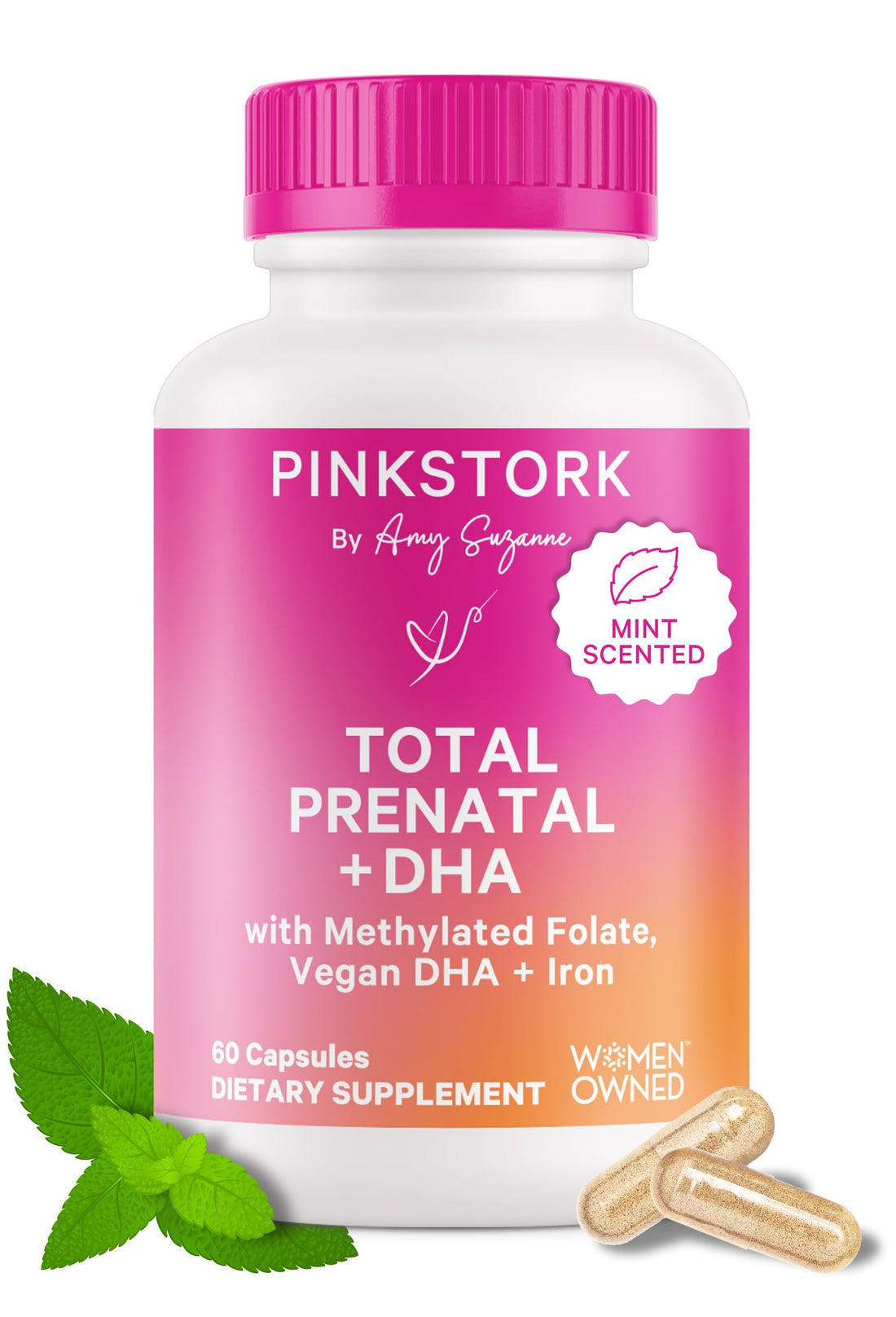 Pink Stork Total Prenatal Vitamins with DHA, Folate, Iron, Choline, and Vitamin B12 - Preconception Nutrition - Prenatals for Women, Pregnancy Must Haves - Mint Essence, 60 Capsules, 1 Month Supply