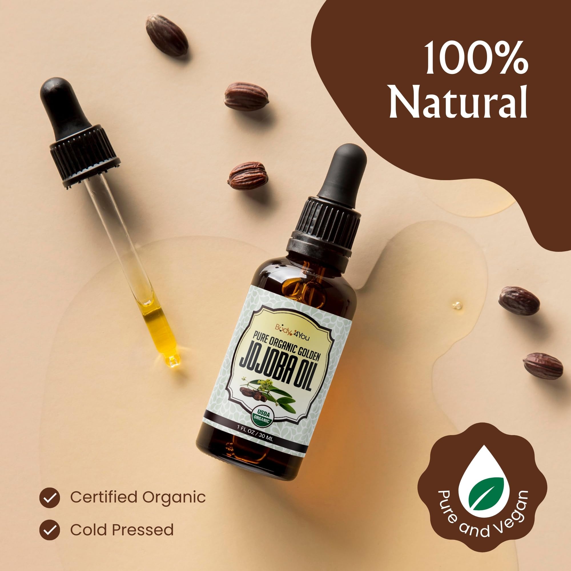 BodyJ4You Organic Jojoba Oil - USDA Organic 100% Pure Natural - Hair Face Skin Gua Sha Dermaplaning Massage - Cold Pressed Hexane Free - Base Carrier Oil - 1 Fl Oz