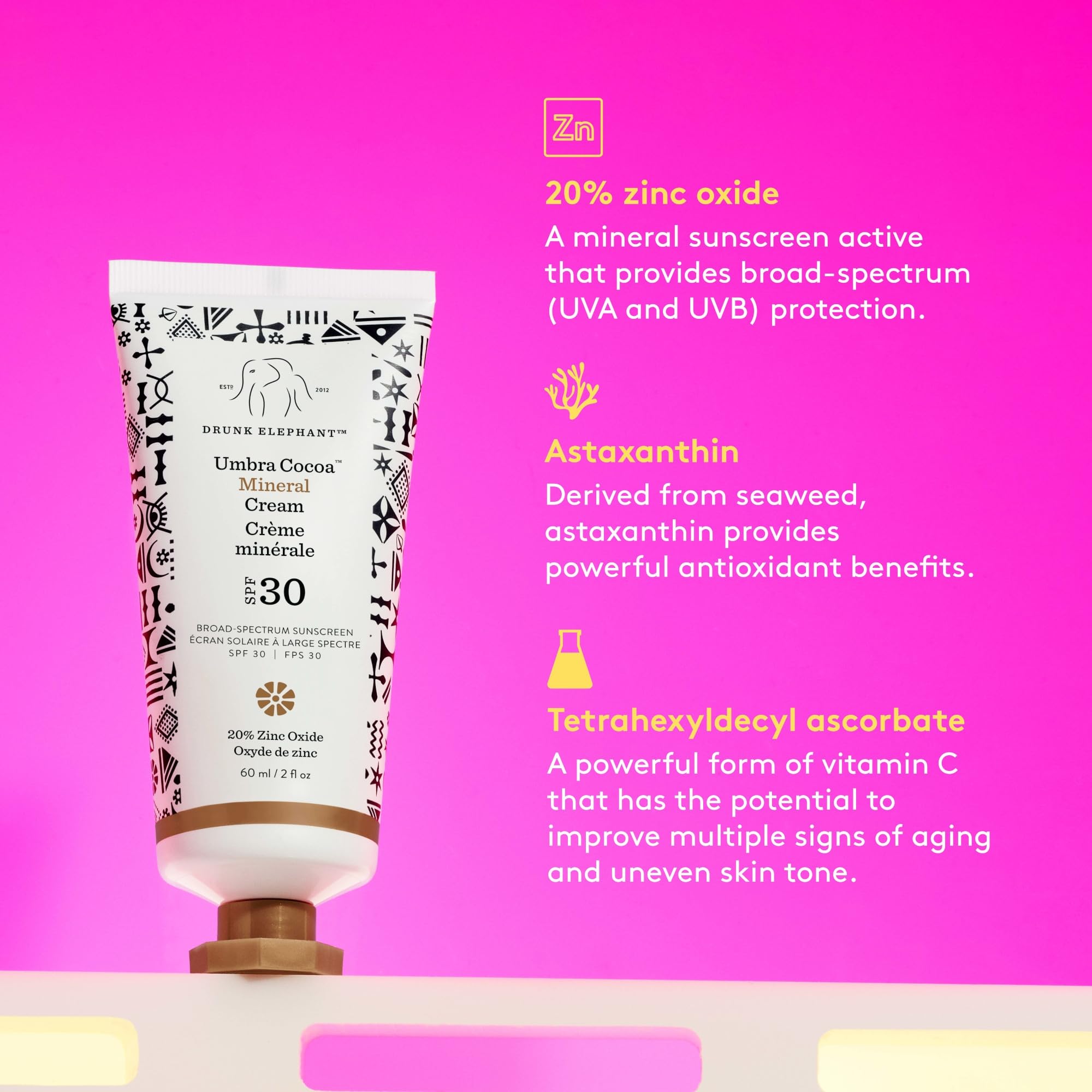 Drunk Elephant Umbra Cocoa Mineral Cream (SPF 30) - 60 ml/2 fl oz - Mineral Sunscreen - Clean Clinical Skincare - Cruelty-Free - Dermatologist-Tested - Free of Essential Oils, Silicones, and Fragrance