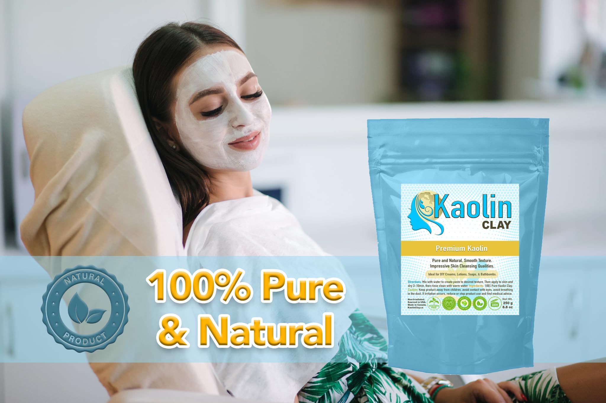 Pure Kaolin Clay - 100% Natural | 8.8 Ounces/250g | Smooth and Silky Texture, Easy Mixing, Perfect for Face, Body, and Bathbombs