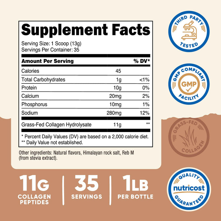 Nutricost Grass-Fed Collagen Powder 1LB (454 G) (Salted Caramel) - Grass Fed Bovine Collagen Hydrolysate - Collagen Peptides