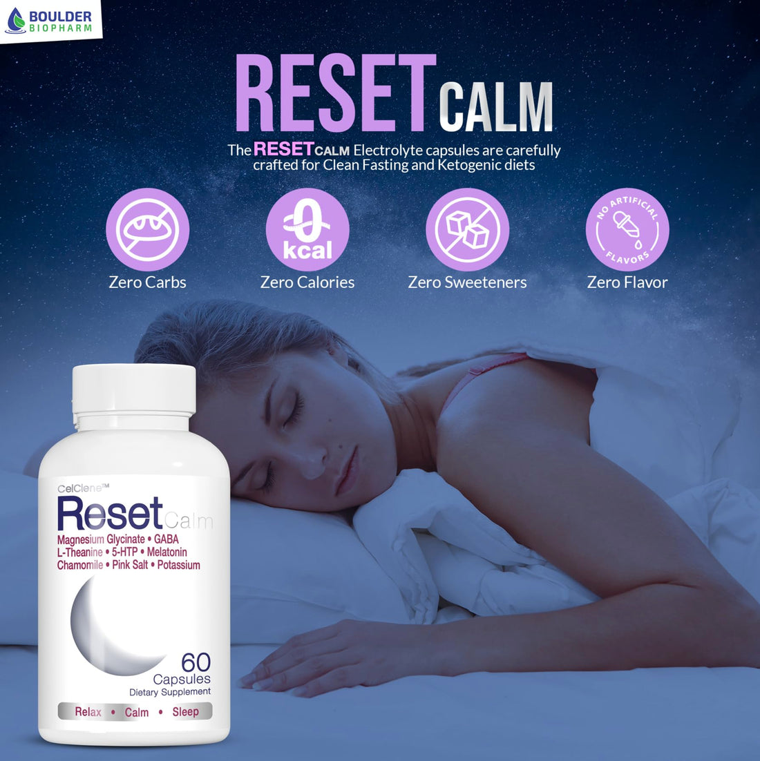 ResetCalm Night Electrolyte Formula, Magnesium Glycinate, 5-HTP, GABA, L-Theanine, Chamomile and Melatonin