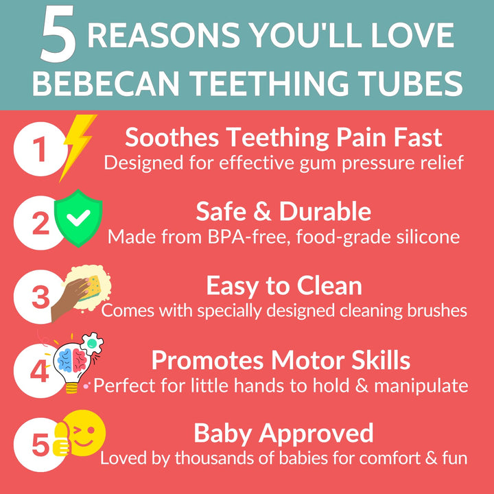 BEBECAN Teething Sticks for Babies 0-36 Months - Super Soft Silicone Teethers in 6 Vibrant Colors, Infant Teething Relief, Multicolored Teething Tubes Baby Gift Teethers