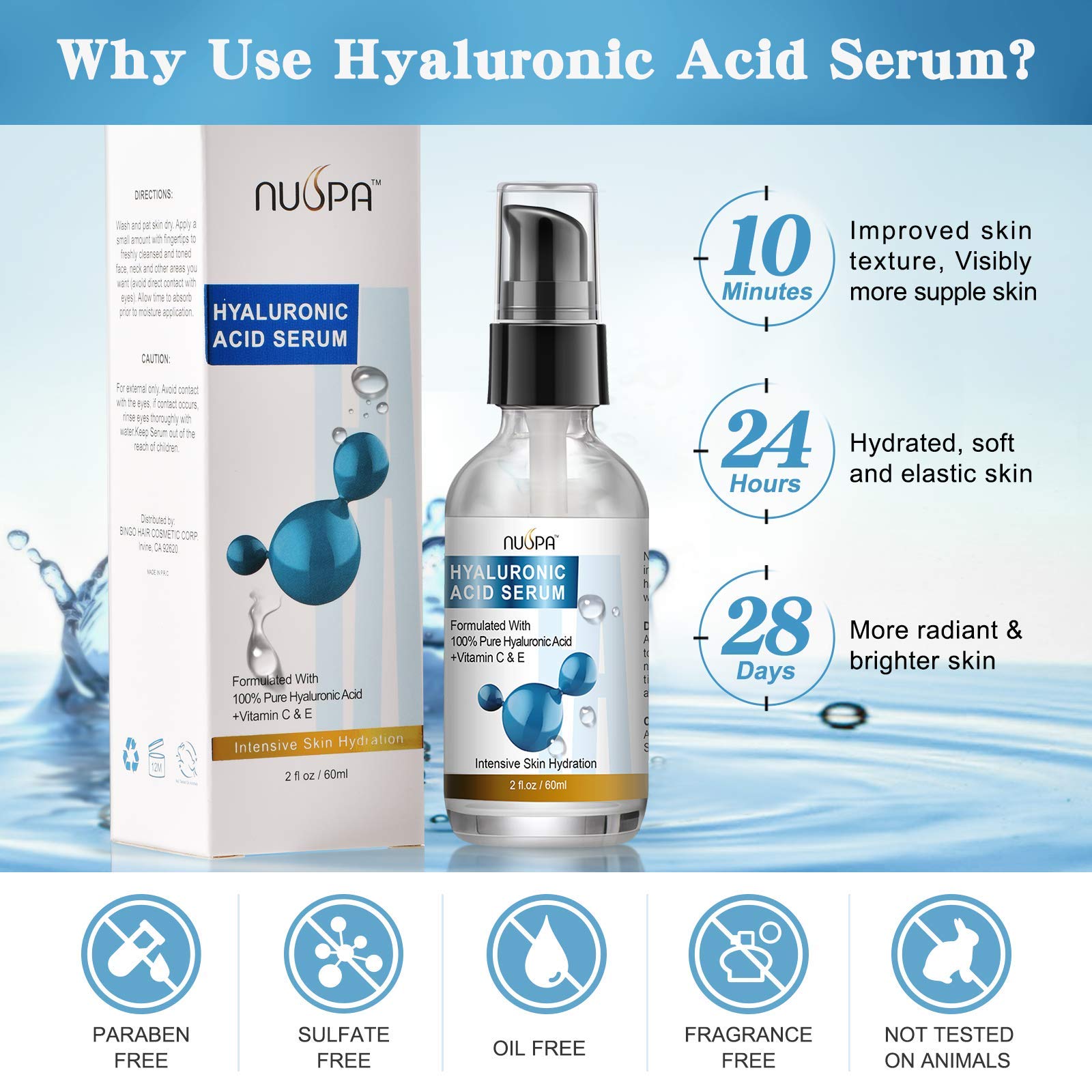 100% Pure Hyaluronic Acid Serum for Face Neck Body with Vitamin C Vitamin E for Skincare Hydrate, Moisturize, Plump Skin, Reduce Wrinkles, Anti Aging Serum, 2 Oz