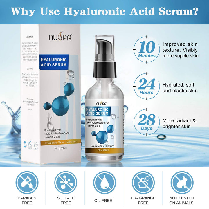 100% Pure Hyaluronic Acid Serum for Face Neck Body with Vitamin C Vitamin E for Skincare Hydrate, Moisturize, Plump Skin, Reduce Wrinkles, Anti Aging Serum, 2 Oz