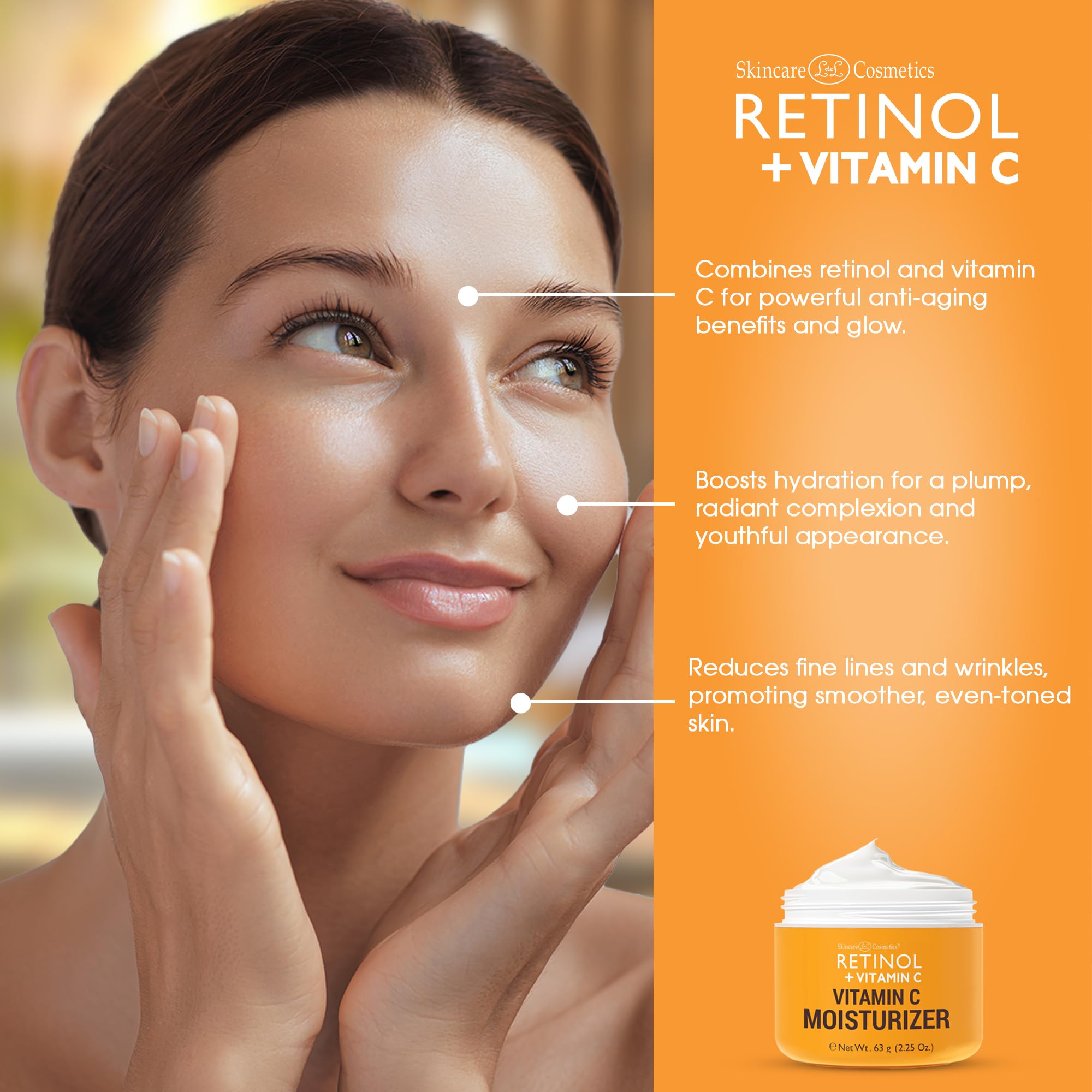 Retinol + Vitamin C Face Moisturizer - Anti Aging Moisturizing Cream, Evens Skin Tone, Diminishes Fine Lines & Wrinkles, Sun Damage & Dark Spots, Restores Radiance, Locks In Moisture - 2.25 OZ