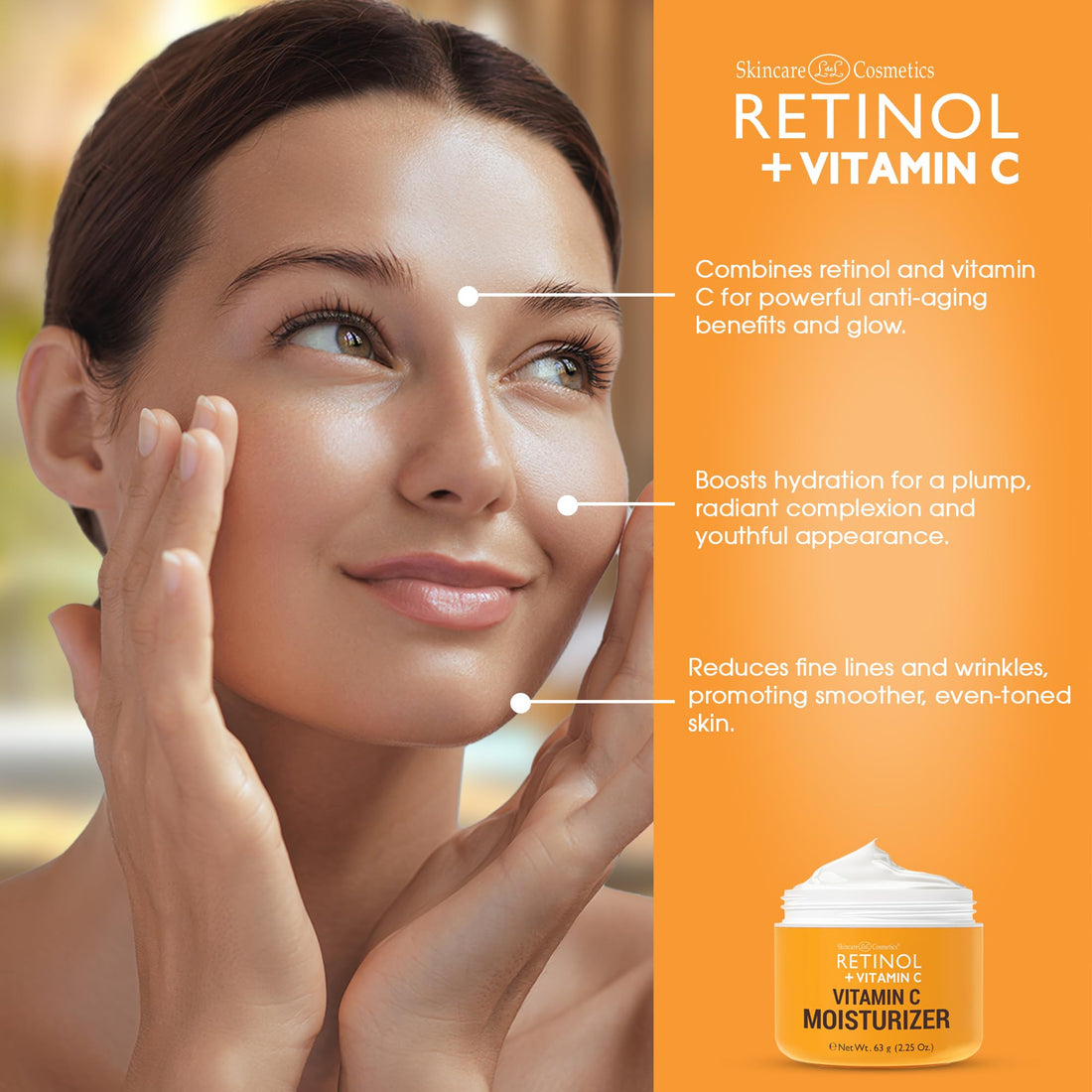 Retinol + Vitamin C Face Moisturizer - Anti Aging Moisturizing Cream, Evens Skin Tone, Diminishes Fine Lines & Wrinkles, Sun Damage & Dark Spots, Restores Radiance, Locks In Moisture - 2.25 OZ