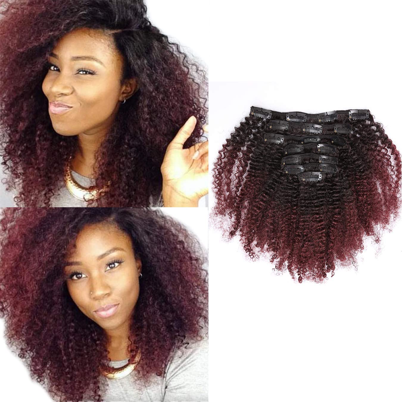 Anrosa Kinkys Curly Clip in Hair Extensions Human Hair 3C 4A Afro Kinky Curly Clip ins Natural Hair Real Remy Thick Human Hair Extensions for Black Women (10 inch, Ombre #1B/99J)