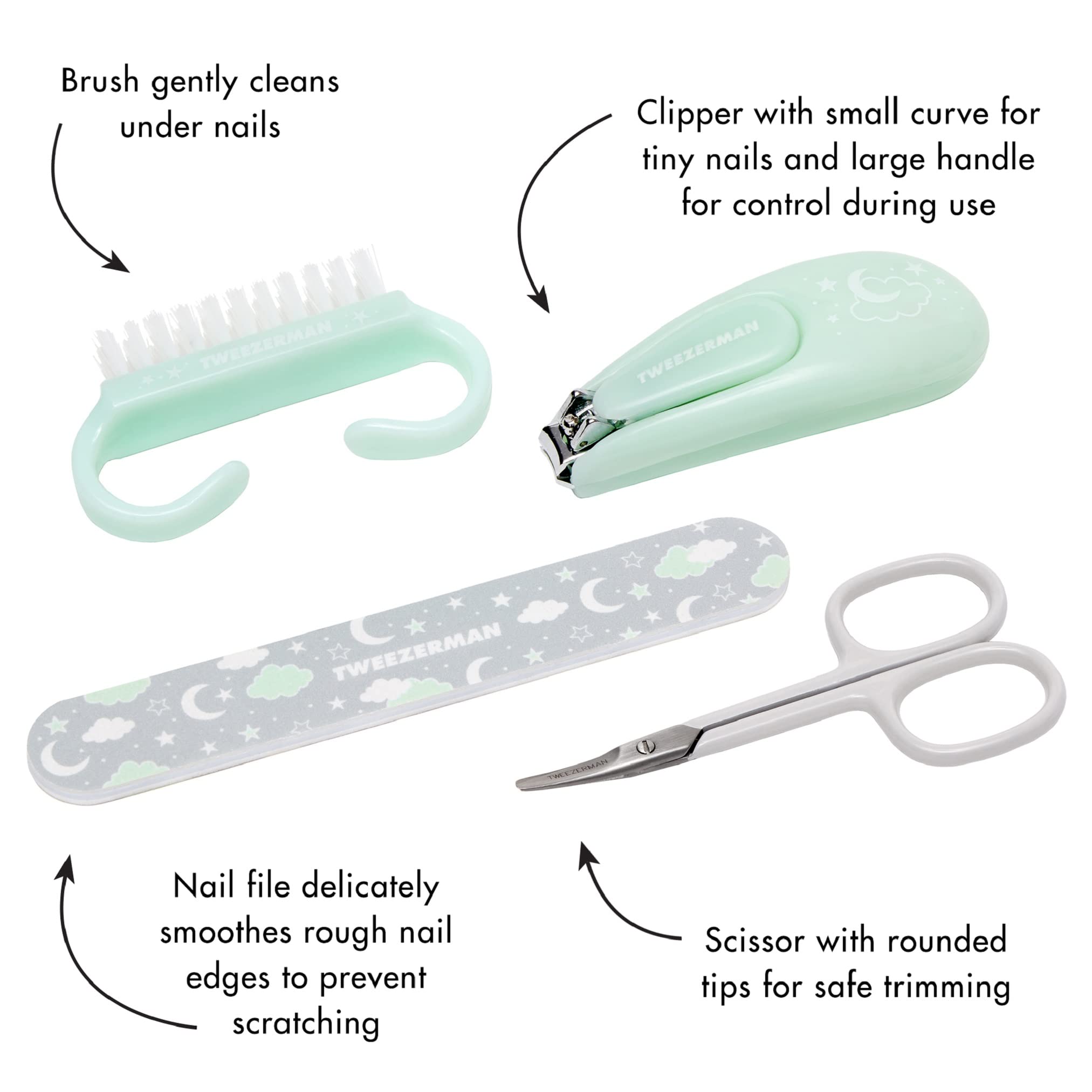 Tweezerman Baby Manicure Kit Includes Nail Clipper, Grooming Brush, Nail Trimming Scissors, and Nail File