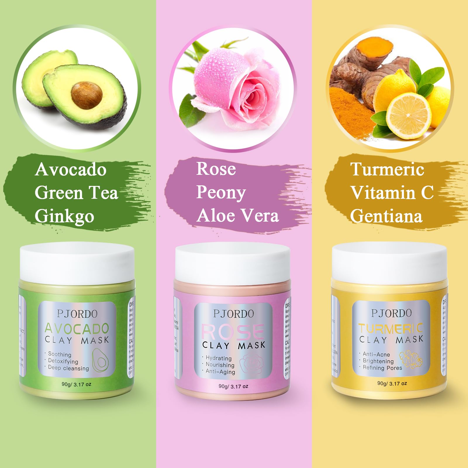 Pjordo Clay Mask Kit, Mothers Day Spa Gifts for Wife, Turmeric Vitamin C, Avocado, Rose Clay Mask, Facial Skin Care Set for Deep Cleaning Reduce Blackheads Dark Spots, 3.17 Oz Each