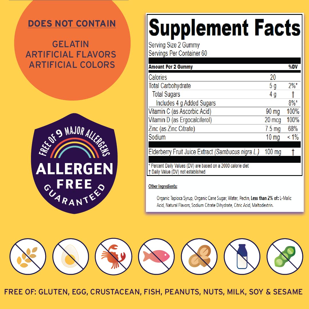 Vitamin Friends - Elderberry, Vitamin C Gummies - Vegan Immune System Booster Blended Supplements - Health Support w/ Zinc Citrate & Vitamin D - Advanced Immune Support - 30 Day Supply – 1 Pack