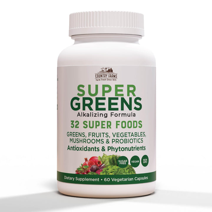 COUNTRY FARMS Super Greens Vegicaps, 32 Super Foods, Whole Food Supplement, Greens, Fruit, Vegetables, Mushrooms & Probiotics, Rich in Antioxidants & Phytonutrients, 60 Count, 30 Servings