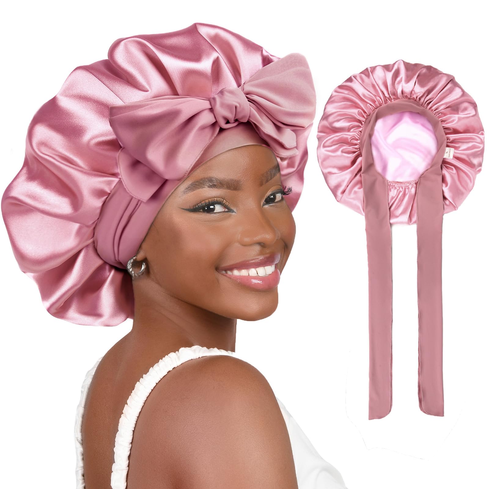 Yanibest Adjustable Satin Bonnet for Sleeping, Double Layer Silk Hair Bonnet with Tie Band for Unisex Women Men Curly Natural