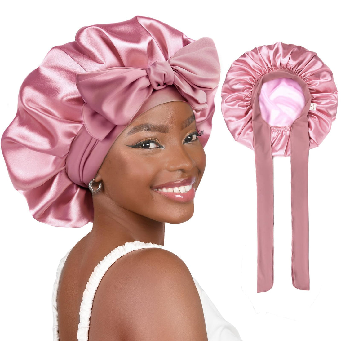 Yanibest Adjustable Satin Bonnet for Sleeping, Double Layer Silk Hair Bonnet with Tie Band for Unisex Women Men Curly Natural